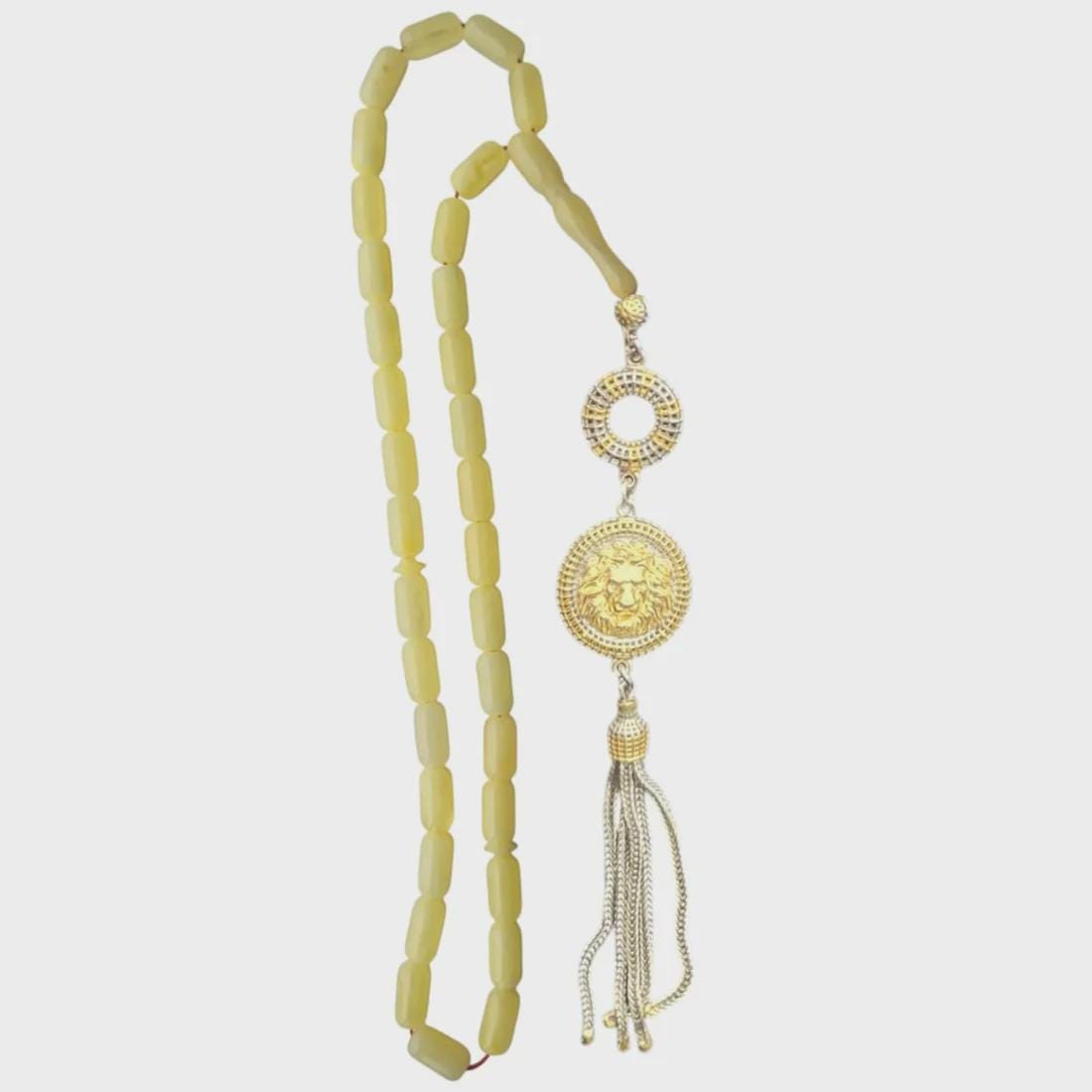 Natural Milky White Amber Prayer Beads 5x10mm – Handcrafted 925 Silver Gold Plated Tasbih – Unique Islamic Misbaha Gift, Handmade Tesbih