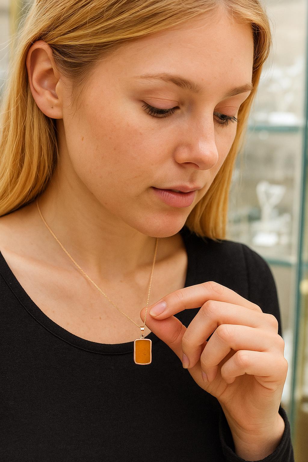 Handmade Golden Amber Necklace, 925 Sterling Silver Gold Plated Pendant, Natural Amber Jewelry, Unique Gift for Her