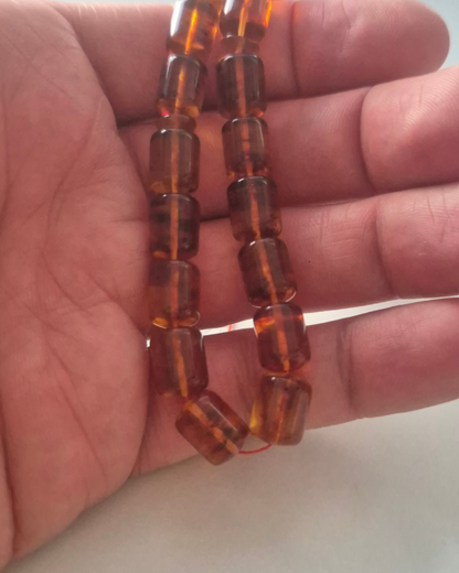 Açık Kahve Sıkma Kehribar Tesbih 11,5x8,5 mm Fıçı Kesim 33 Tane