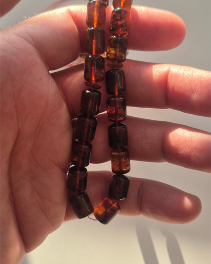 Koyu Kahve Sıkma Kehribar Tesbih 10,5x8 mm Fıçı Kesim 33 Tane
