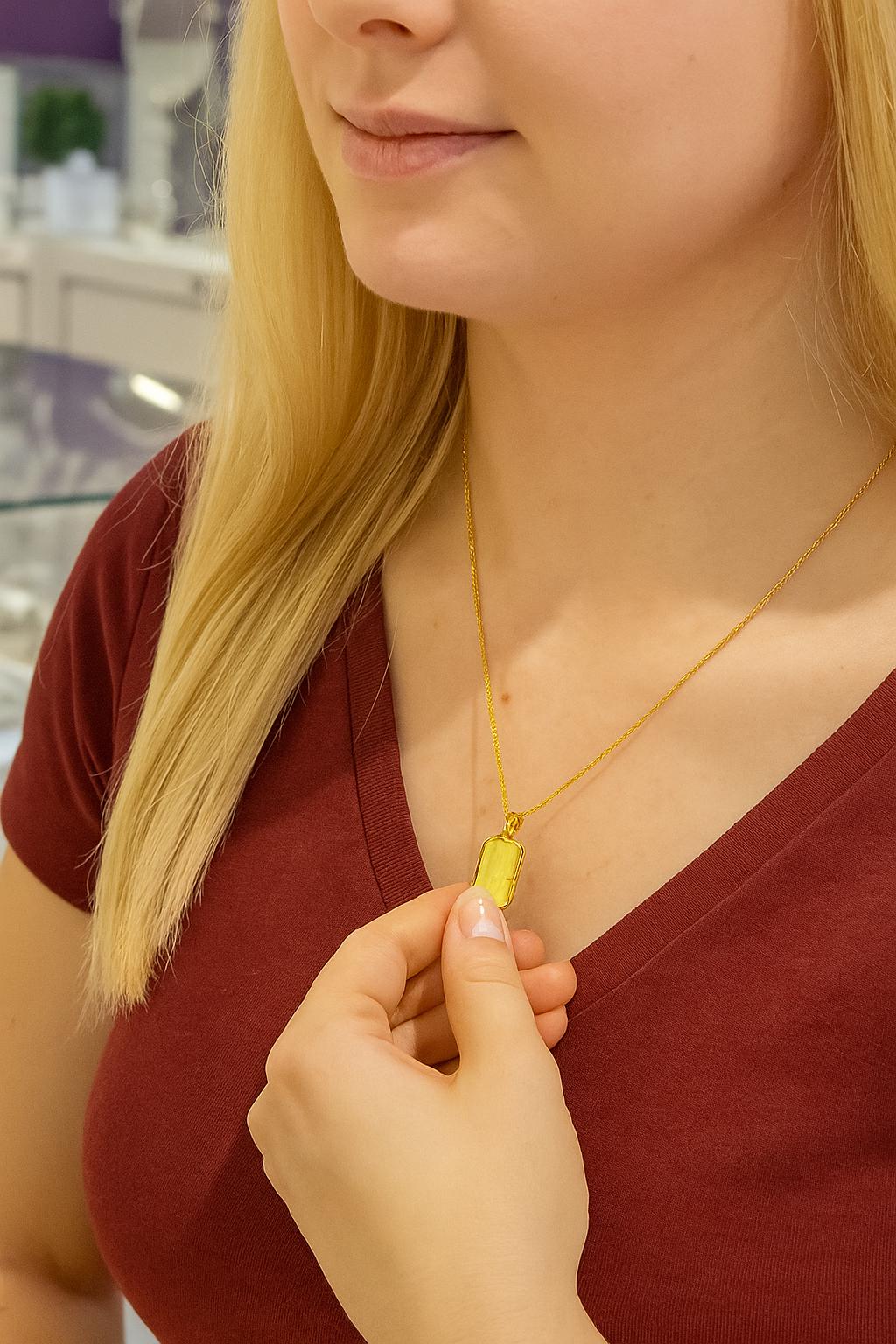 Handmade Golden Amber Necklace, 925 Sterling Silver Gold Plated Pendant, Natural Amber Jewelry, Unique Gift for Her