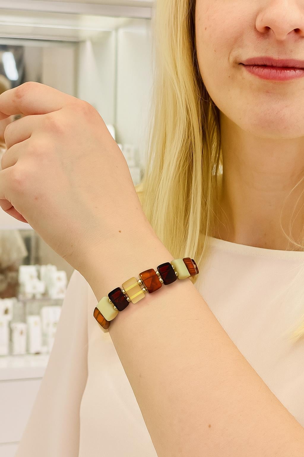 Handmade Square Amber Bracelet - Multi-Color Natural Amber Beads - Polished Stone Jewelry - Unique Gift for Her