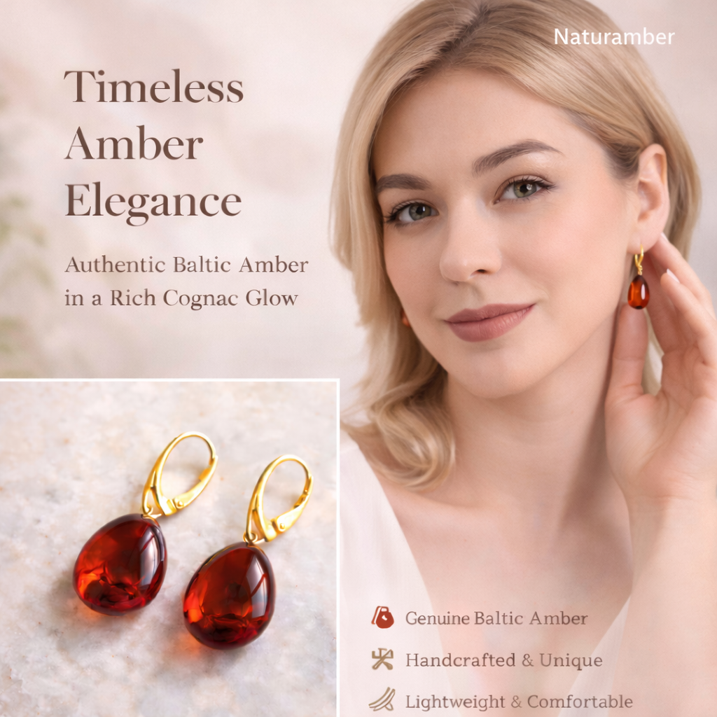 Cognac Amber Earrings – Teardrop Baltic Amber Dangle Earrings | Naturamber