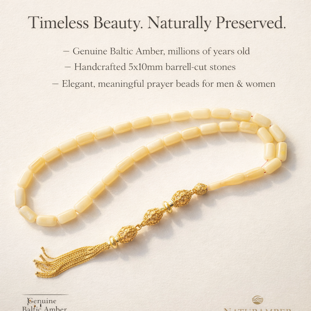Milky Amber Prayer Beads – 5x9mm Barrel Shape Rosary  - Milky Misbaha | Naturamber