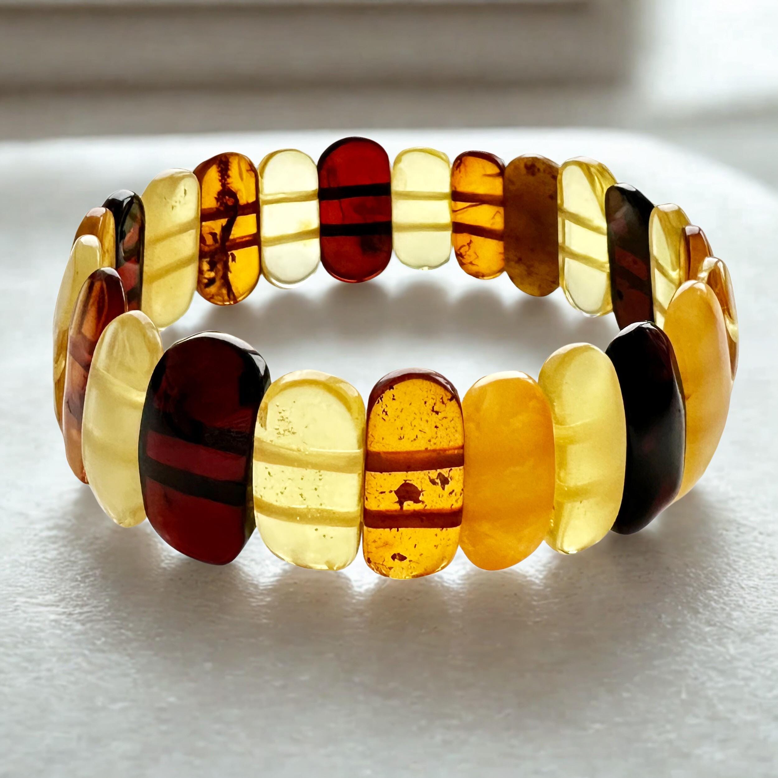 Handmade Unique Cut Amber Bracelet - Multi-Color Natural Amber Beads - Polished Stone Jewelry - Unique Gift for Her