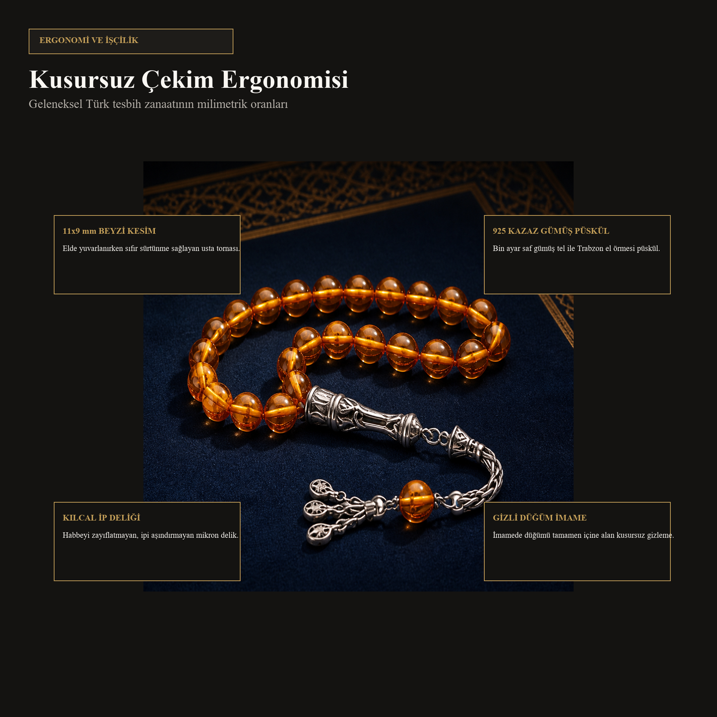 Konyak Sıkma Kehribar Tesbih — Küre Kesim — 11x9 mm — Sistemli Püsküllü