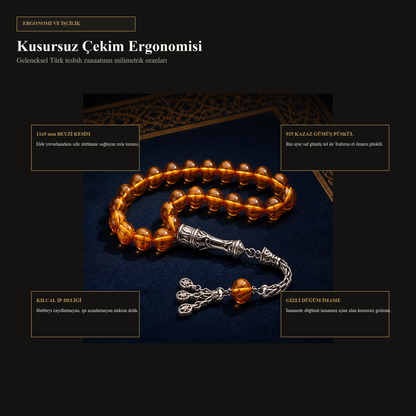Konyak Sıkma Kehribar Tesbih — Küre Kesim — 11x9 mm — Sistemli Püsküllü
