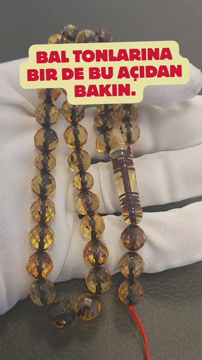 Bal Rengi Fasetli Kaya Damla Kehribar Tesbih — 9.2mm Küre Kesim · 33 Tane - Rusya kehribarı (Kopya)