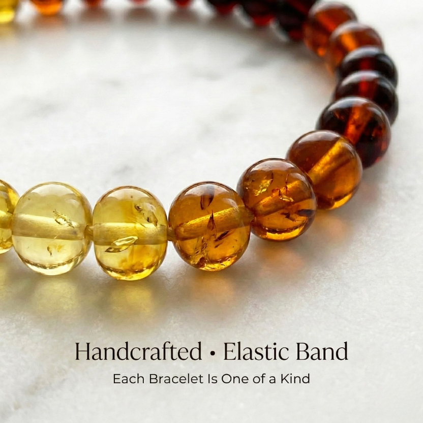 Handcrafted amber beaded bracelet on a light background
